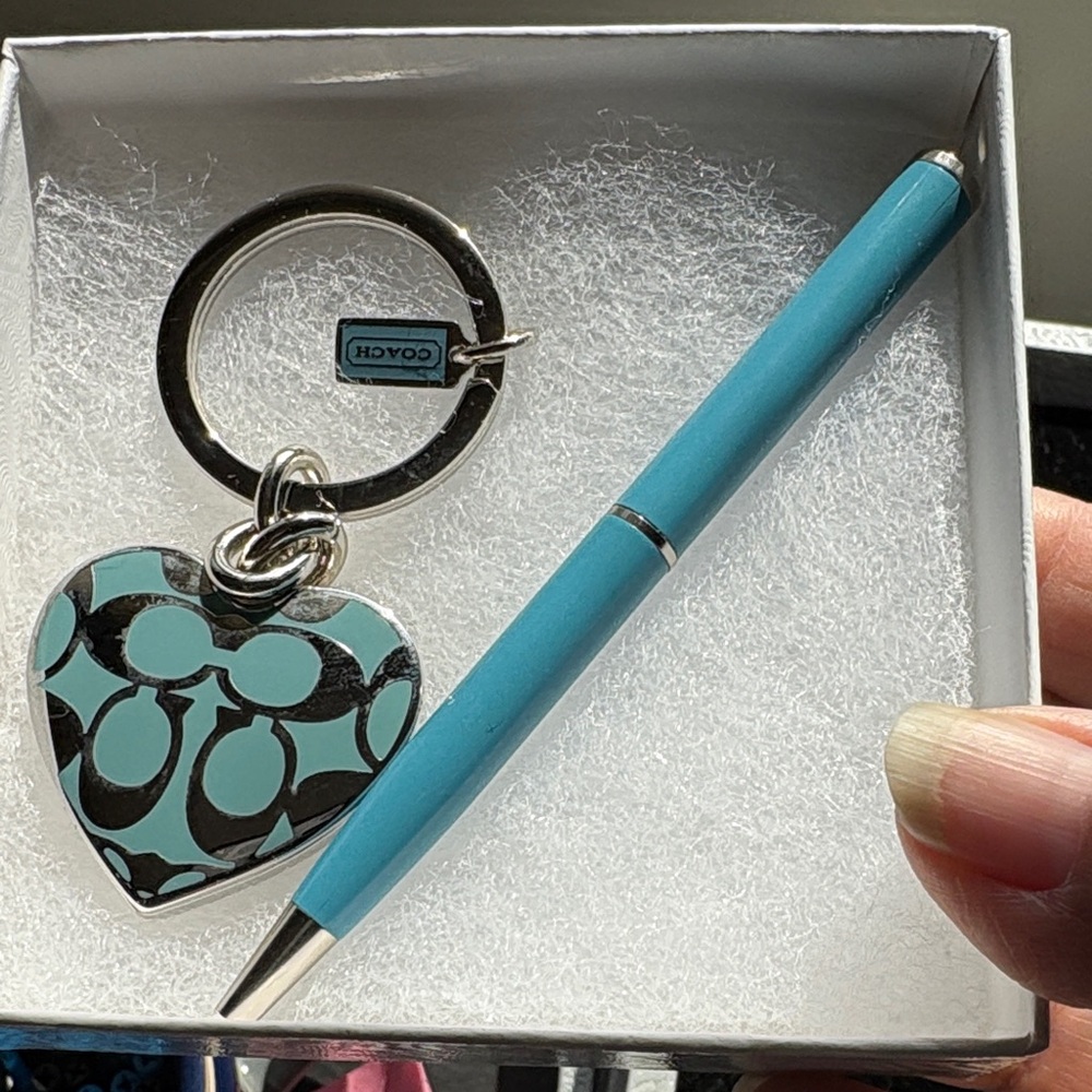 Coach Teal Heart Locket Keychain and Coach Mini Pen